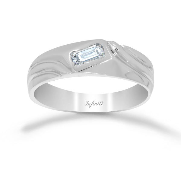 Argolla Oro Blanco 10k - Acabado Liso con Zirconia Baguette, Ancho de 5 mm