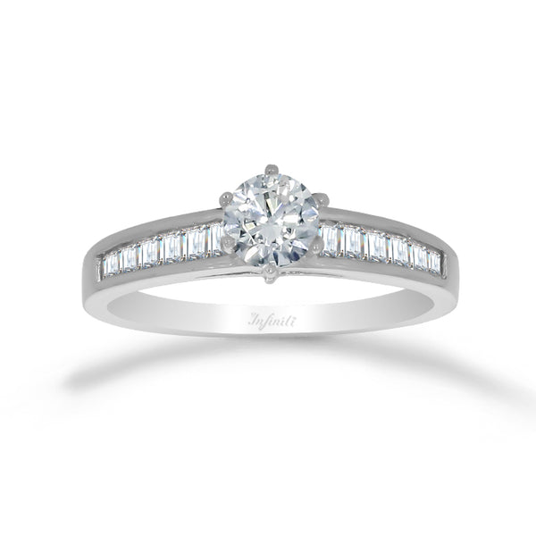 Anillo Oro Blanco 14k - Zirconia Central de 4.5 mm con Baguette Laterales