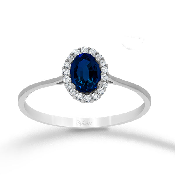 Anillo Oro Blanco 14k - Zafiro Creado Halo con Zirconias 6x4 mm