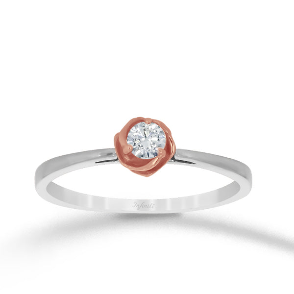 Anillo Oro Blanco 10k, Montadura de Flor Oro Rosa, Zirconia 3 mm