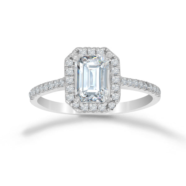 Anillo Oro Blanco 14k - Corte Esmeralda con Halo 7x5 mm