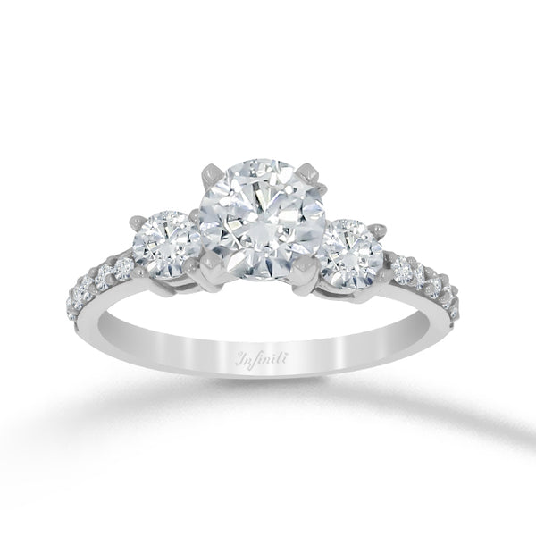 Anillo Oro Blanco 10k, Estilo Tres Piedras, Zirconia Central 6.8 mm
