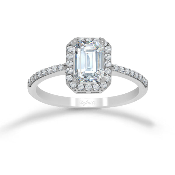 Anillo Oro Blanco 10k - Corte Esmeralda con Halo - Zirconias