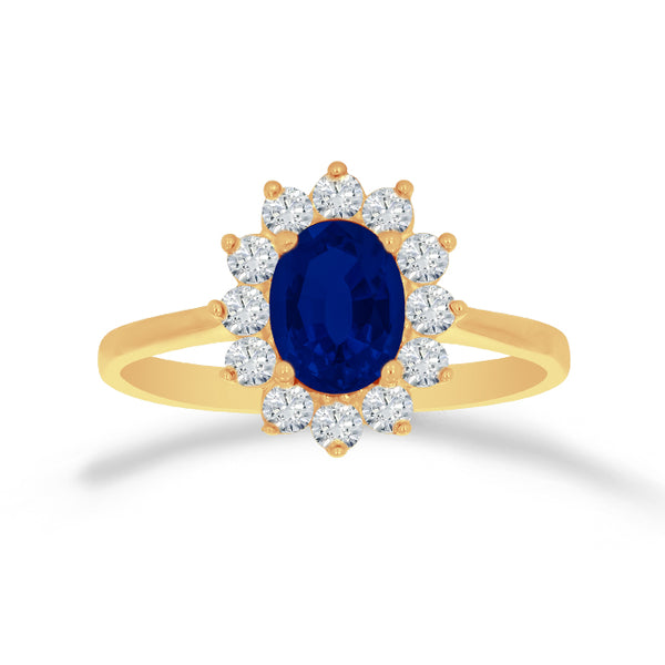 Anillo Oro 10k, Halo con Zafiro Sintético 7x5 mm