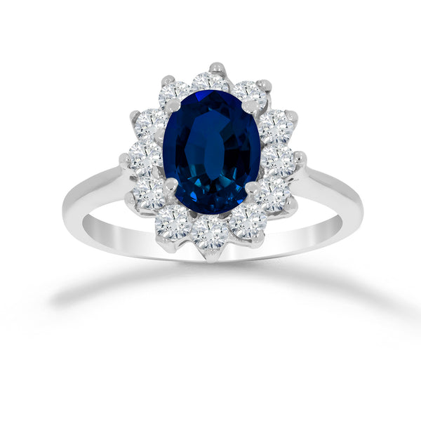 Anillo Oro Blanco 14k - Halo Zafiro Laboratorio 1.90 ct con Diamantes