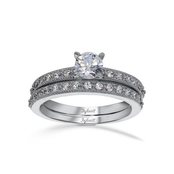 Alianza Oro Blanco 10k, Zirconia Central de 5 mm, Laterales y Churumbela de 1 mm - Infiniti Joyas