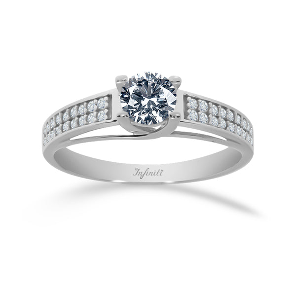 Anillo Oro Blanco 14k, Doble Pavé Zirconia Central 5 mm