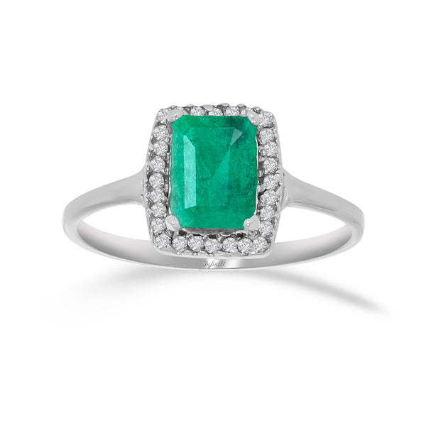 Anillo Oro Blanco 14k - Halo Esmeralda Natural 1.85 ct con Zirconias