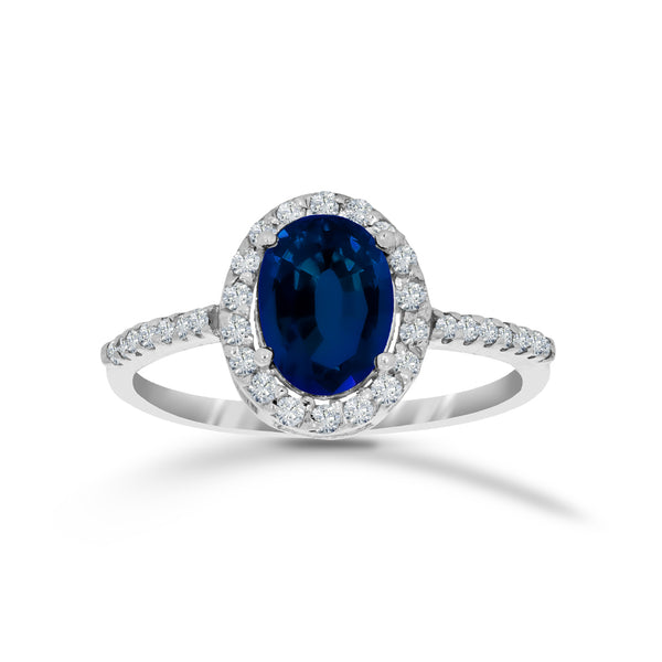 Anillo Oro Blanco 14k - Halo Zafiro Zirconia con Laterales