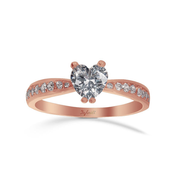 Anillo Oro Rosa 10k, Zirconia Central Corazón 6 mm - Infiniti Joyas