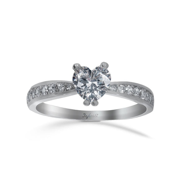 Anillo Oro Blanco 10k, Zirconia Central Corazón 6mm - Infiniti Joyas