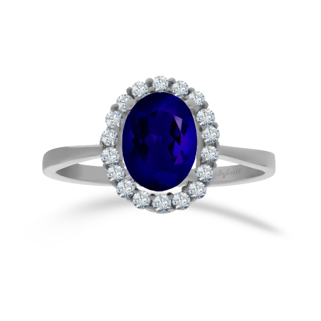 Anillo Oro Blanco 14k, Halo con Zafiro 8x6 mm - Infiniti Joyas