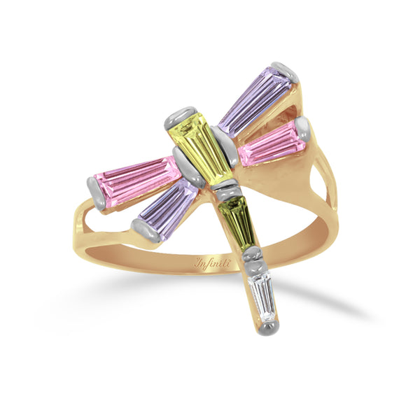 Anillo oro 10k, libélula con zirconias