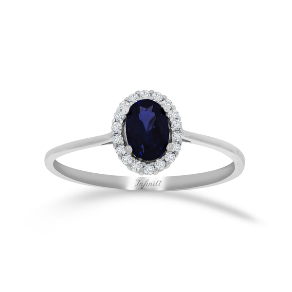 Anillo Oro Blanco 10k - Halo con Zirconias 6 x 4 mm