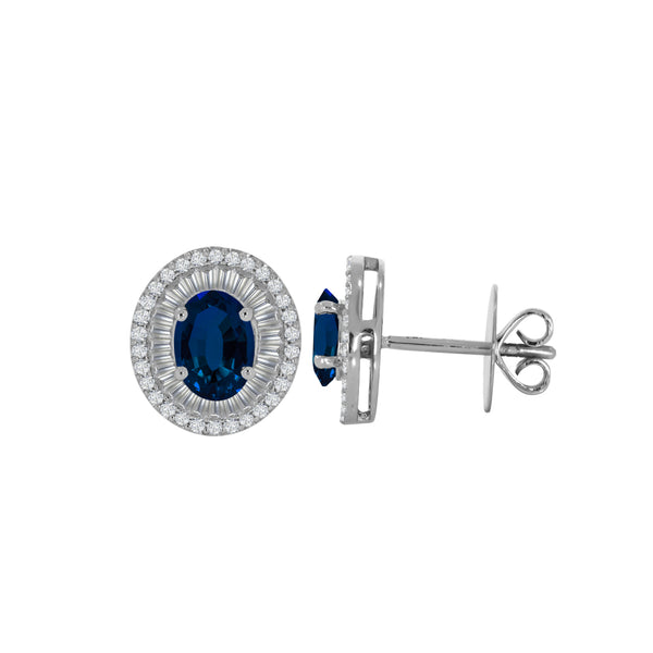 Aretes Oro Blanco 14K- Halo Zafiro 2 CT con Diamante Natural de 0.78 CTW