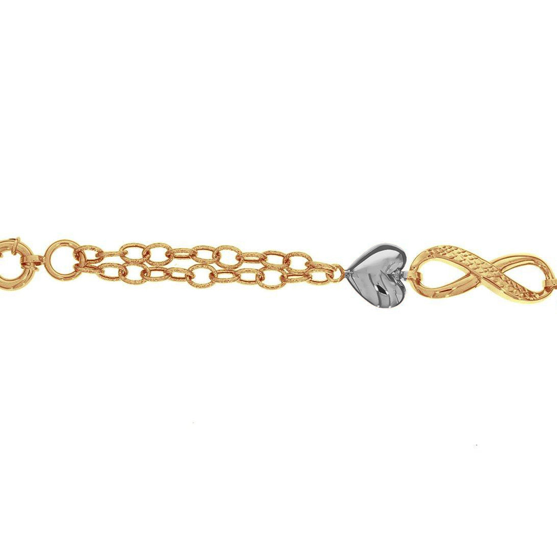 Pulsera Oro 10k, con Infinito y Corazones, Largo 19 cm, Ancho 12 mm, Oro Combinado 10k