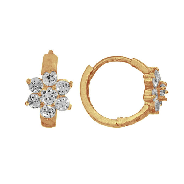 Arracadas Huggies Oro 10k, flor con Zirconias, 1.5 cm Diámetro, Ancho 6mm - Infiniti Joyas