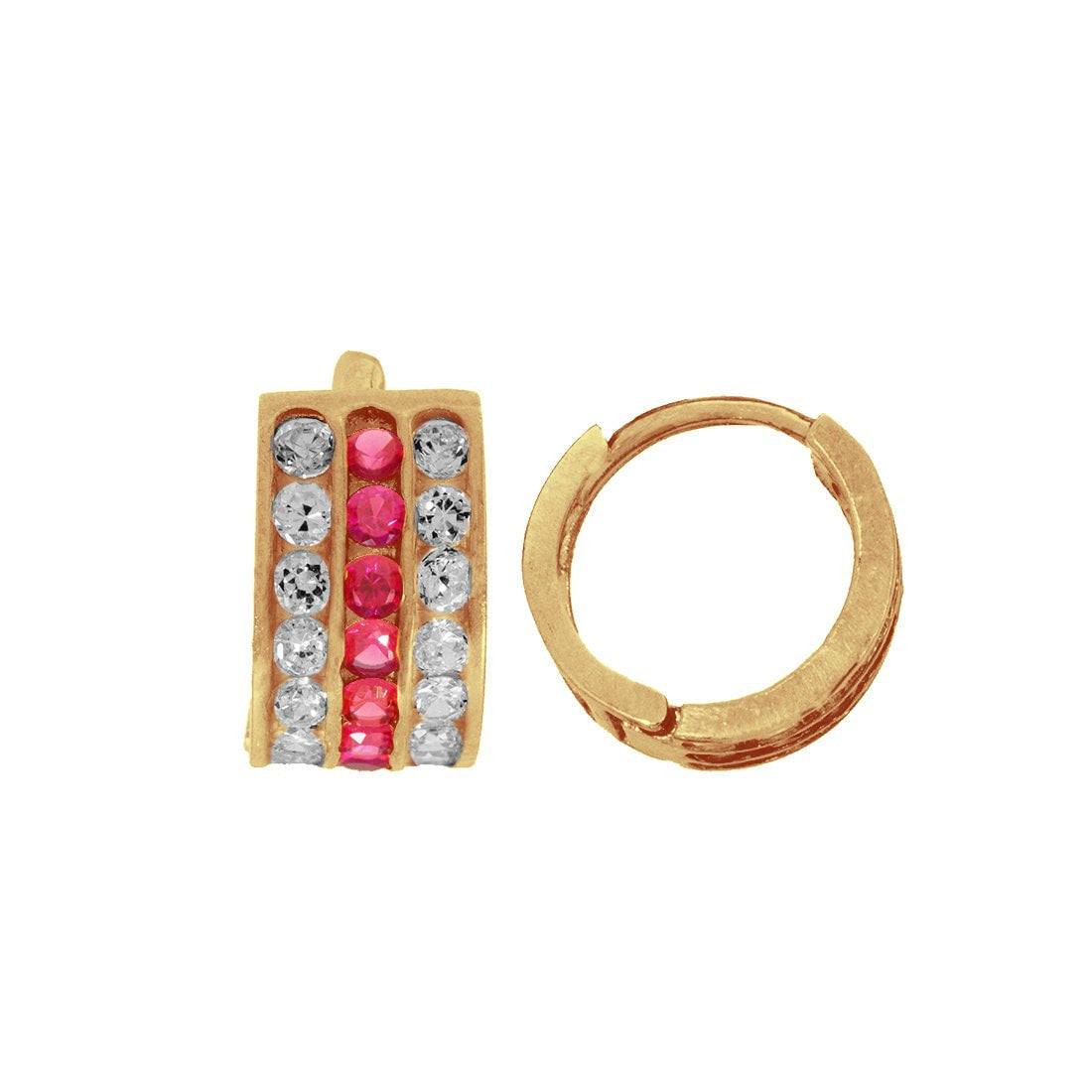 Arracadas Huggies Oro 10k, Zirconias rojo y Blanco, 1.1 cm Diámtero, Ancho 6 mm, Oro 10k - Infiniti Joyas