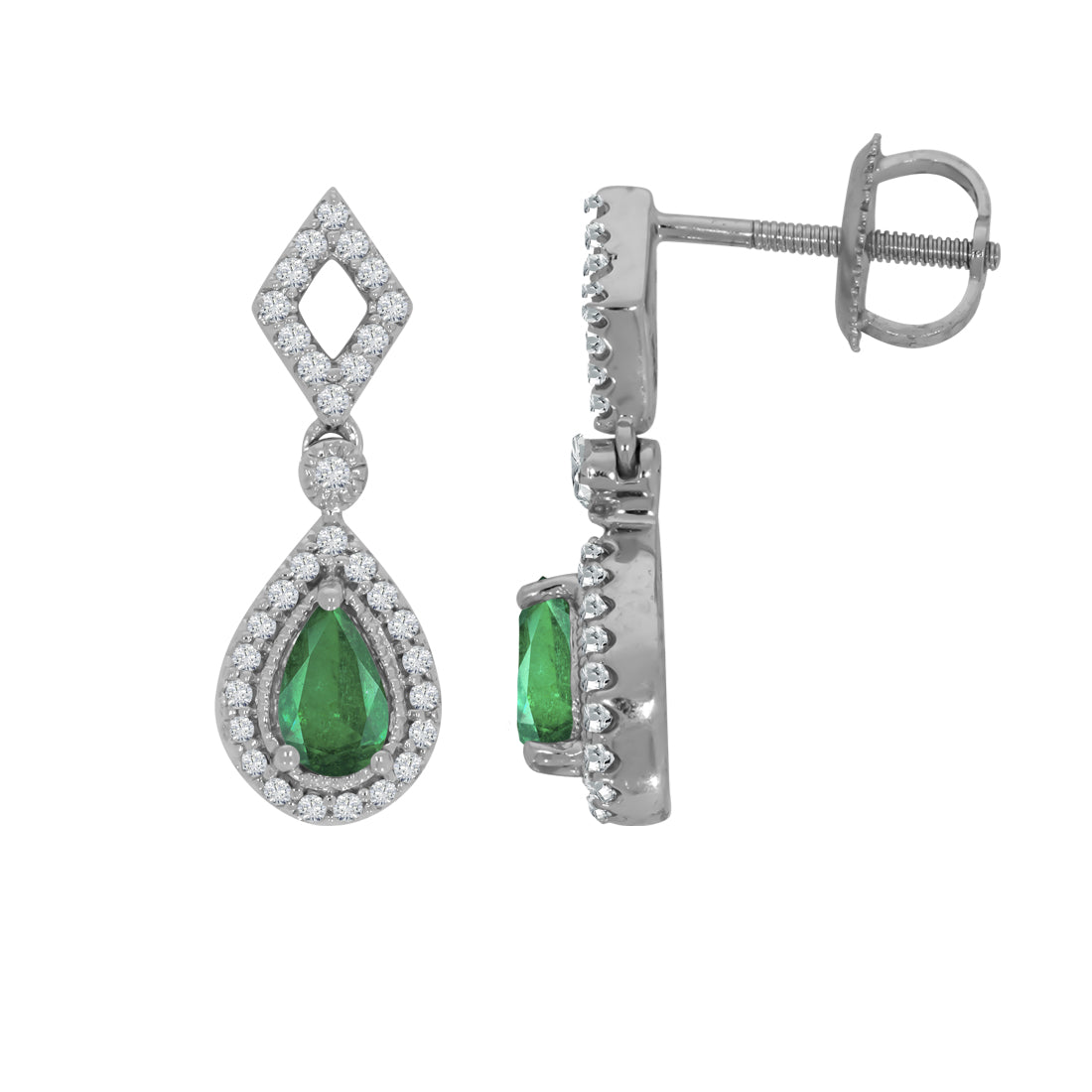 Aretes Oro Blanco 10k - Esmeralda 0.43 ctw y Diamante Natural 0.20 Puntos Totales