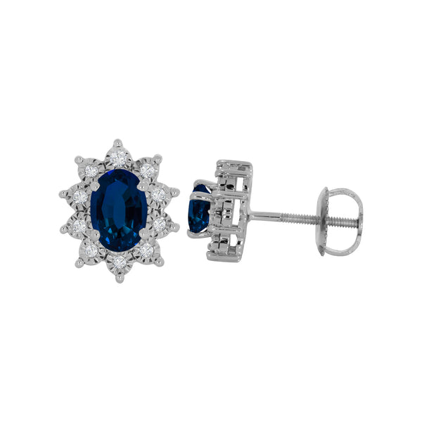 Aretes Oro Blanco 10k - Halo Zafiro con Diamante Natural