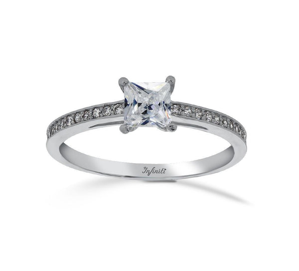 Anillo Oro Blanco 14k, con Zirconia Central Princesa de 5 mm - Infiniti Joyas