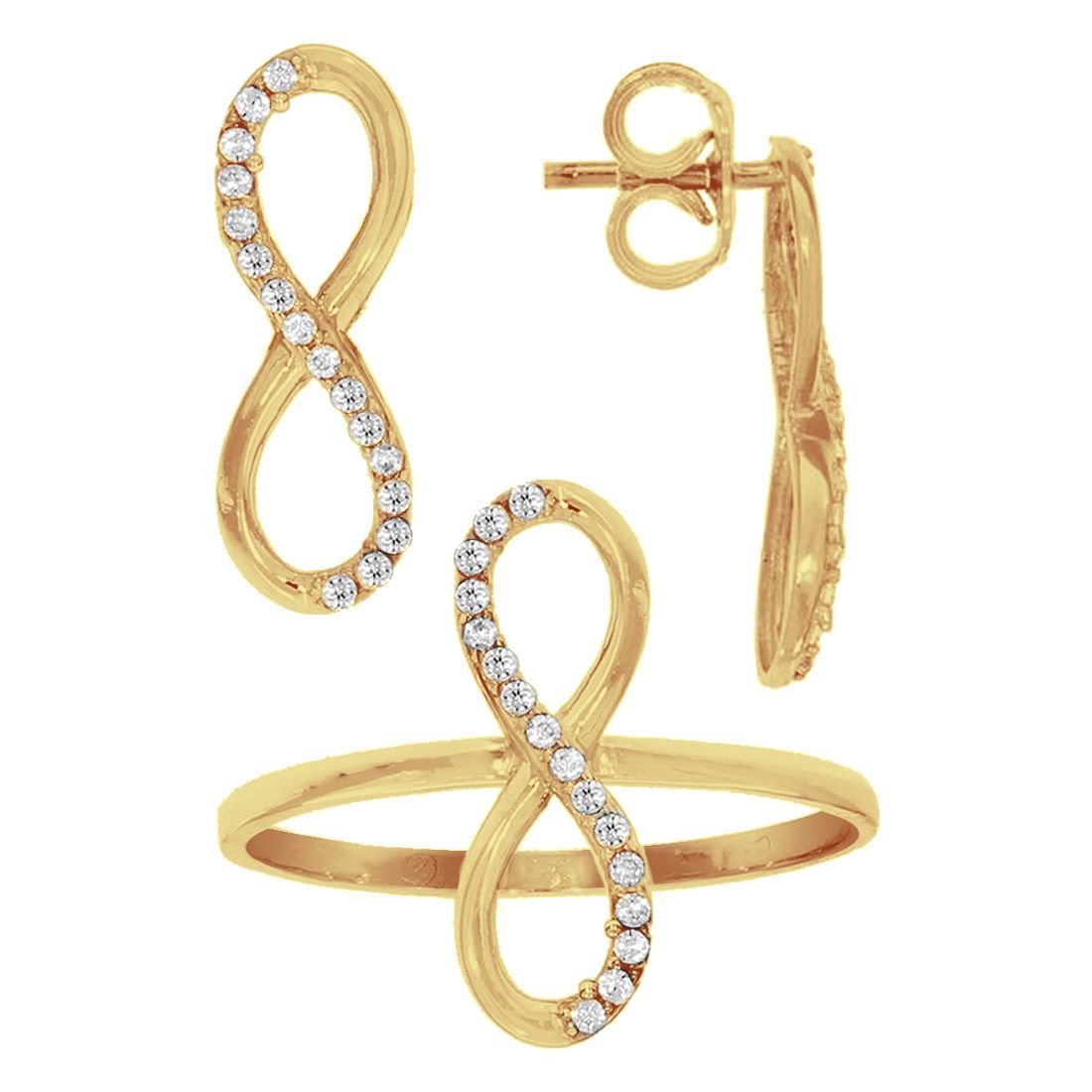 Juego Oro 10k, Anillo y Aretes Infinito con Zirconias, Oro 10k - Infiniti Joyas
