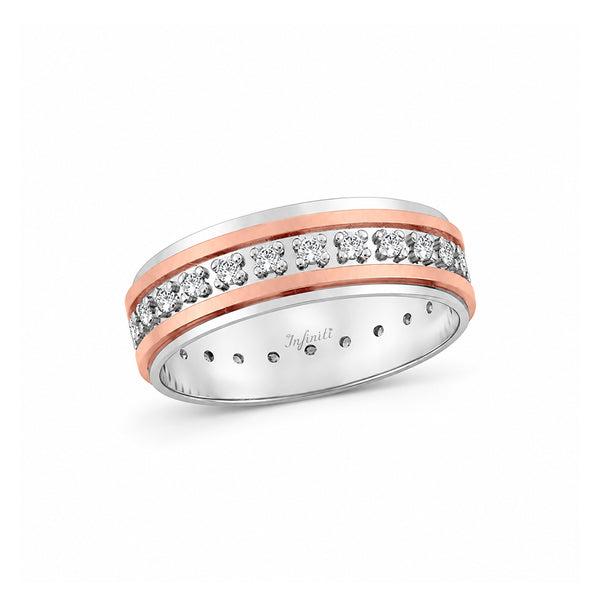 Argolla Oro Blanco con Rosa 14k - Acabado Mate Liso y Zirconias, Ancho 6 mm