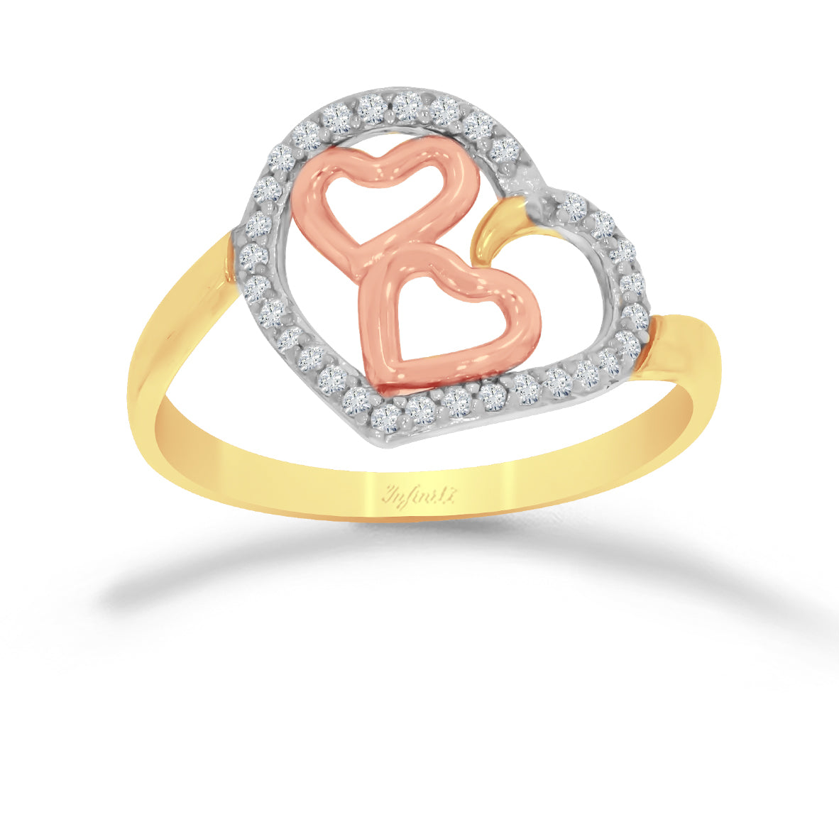 Anillo Oro 10k, en Forma de Corazón con Zirconias y Oro Florentino 10k