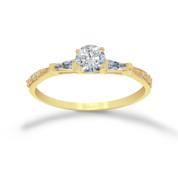 Anillo Oro 10k, Zirconia Central de 5 mm, Baguette Laterales