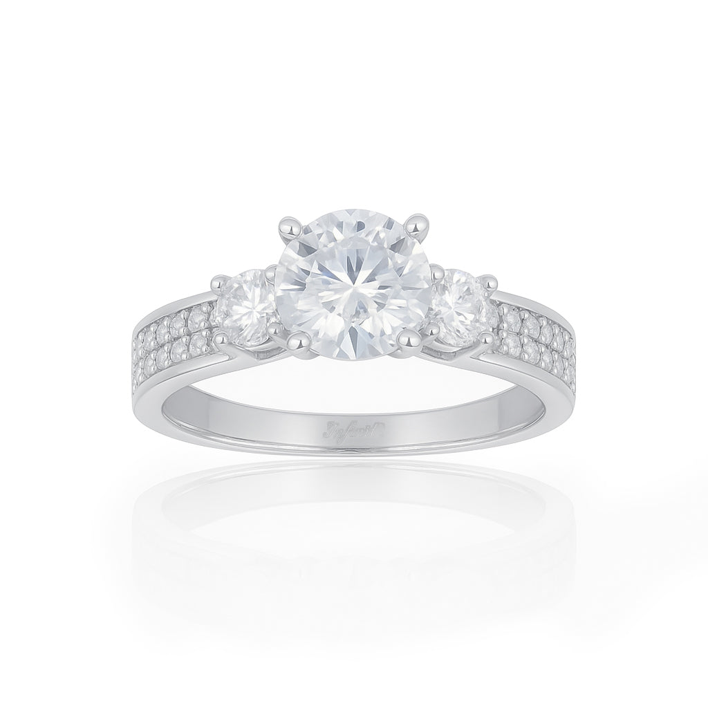 Anillo Oro Blanco 10k - Estilo Tres Piedras Zirconia Central de 6 mm