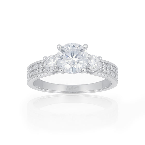 Anillo Oro Blanco 10k - Estilo Tres Piedras Zirconia Central de 6 mm