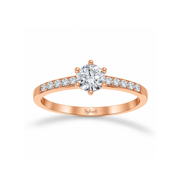 Anillo Oro Rosa 14k, Zirconia Central 5 mm con Laterales de 1 mm