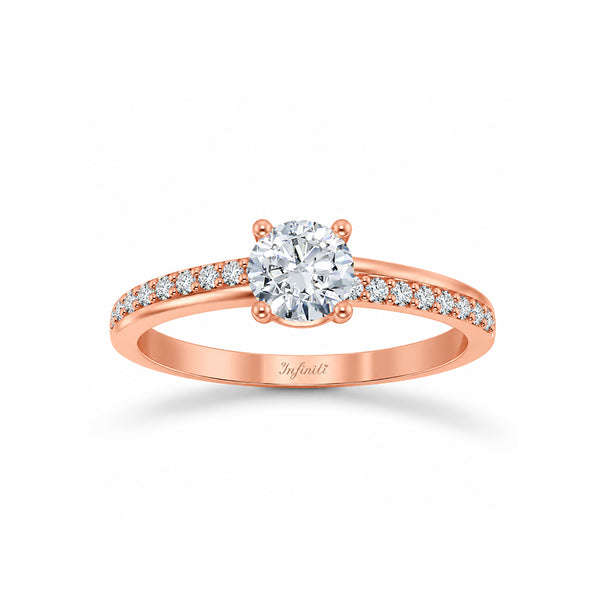 Anillo Oro Rosa 14k, Pavé con Zirconia Central 5 mm, Laterales 1 mm