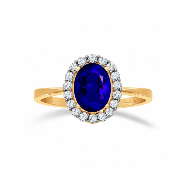 Anillo Oro 14k - Halo con Zafiro 8x6 mm