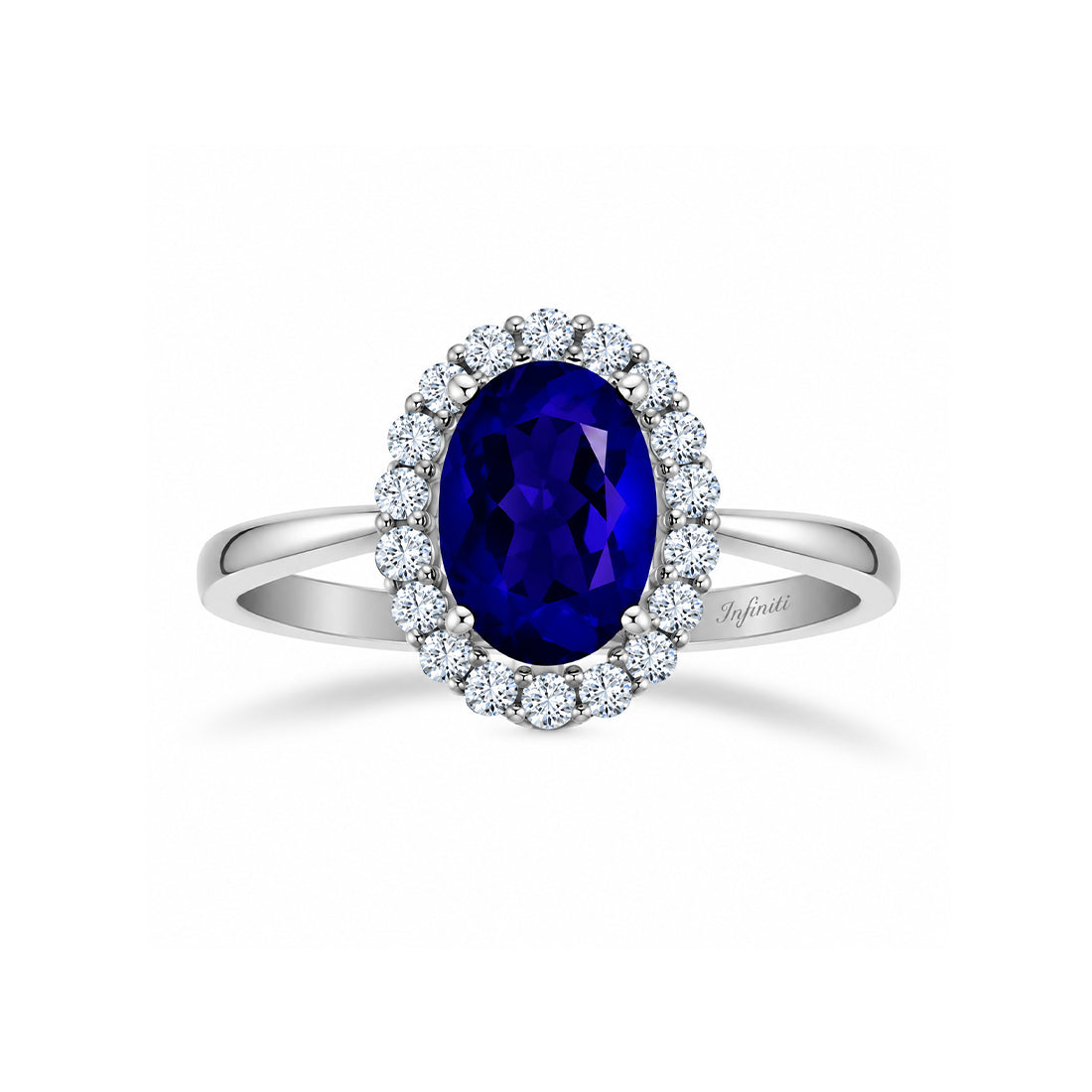 Anillo Oro Blanco 14k, Halo con Zafiro 8x6 mm