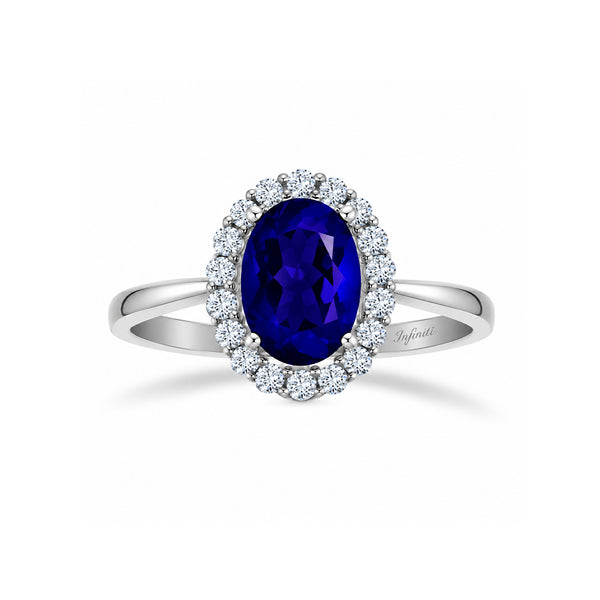 Anillo Oro Blanco 14k, Halo con Zafiro 8x6 mm