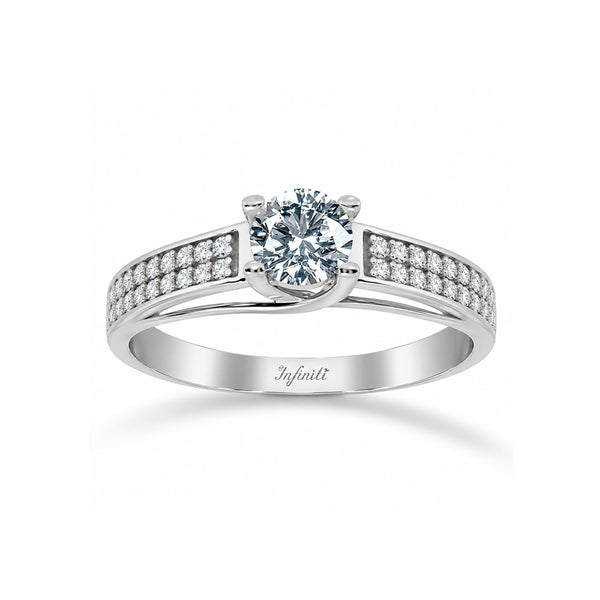 Anillo Oro Blanco 14k, Doble Pavé Zirconia Central 5 mm