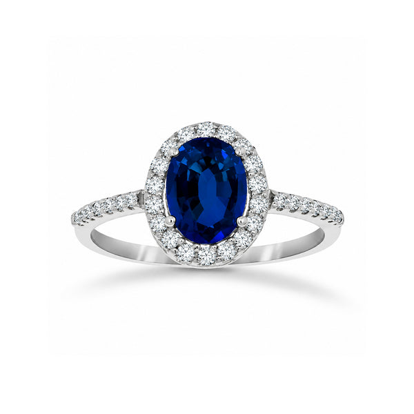 Anillo Oro Blanco 14k - Halo Zafiro Zirconia con Laterales