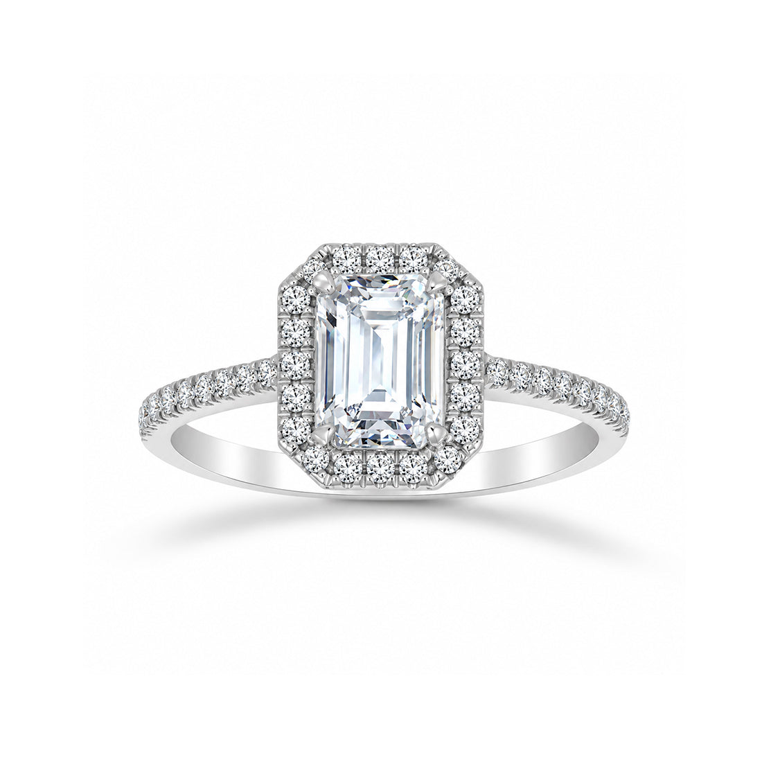 Anillo Oro Blanco 14k - Corte Esmeralda con Halo 7x5 mm