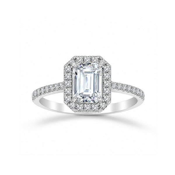 Anillo Oro Blanco 14k - Corte Esmeralda con Halo 7x5 mm