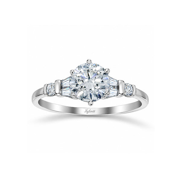 Anillo Oro Blanco 10k, Zirconia Central 7 mm, Laterales Baguettes 2 mm