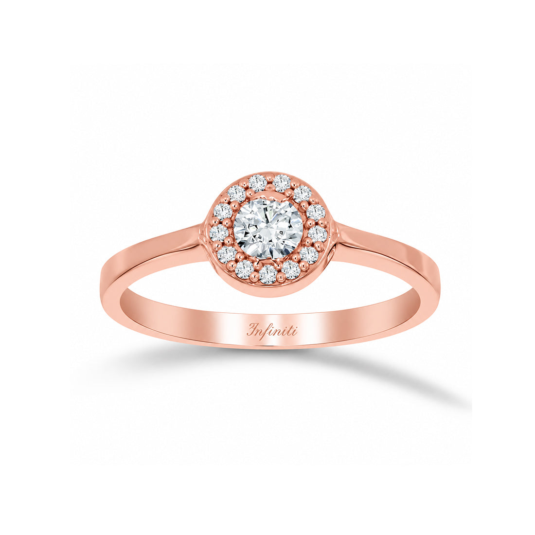 Anillo Oro Rosa 10k, Halo Solitario, Zirconia Central 3.20 mm