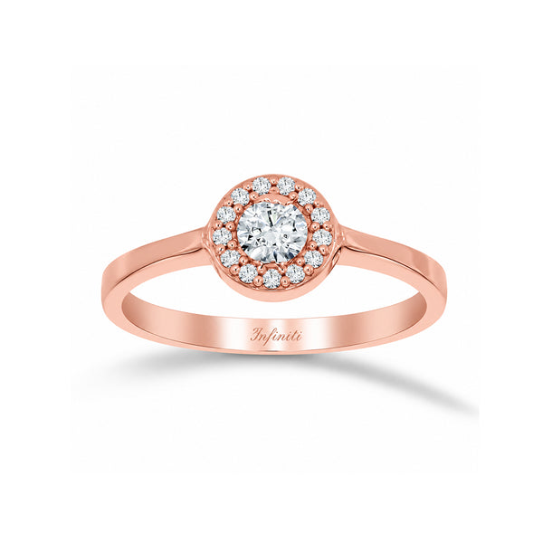 Anillo Oro Rosa 10k, Halo Solitario, Zirconia Central 3.20 mm