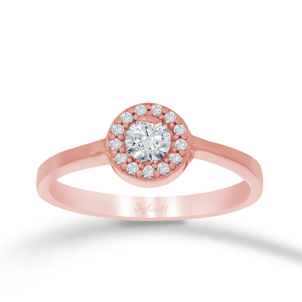 Anillo Oro Rosa 10k, Halo Solitario, Zirconia Central 3.20 mm