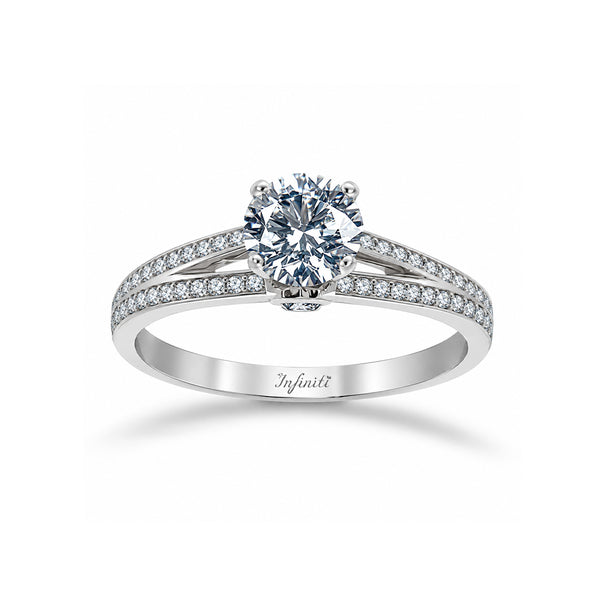 Anillo Oro Blanco 10k, Estilo Pavé Doble con Zirconia Central 6 mm