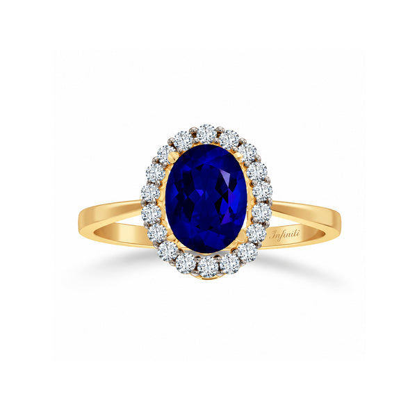 Anillo Oro 10k, Halo con Zafiro 8x6 mm
