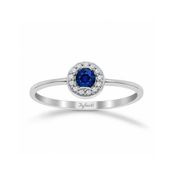 Anillo Oro Blanco 10k, Halo con Zirconia Zafiro