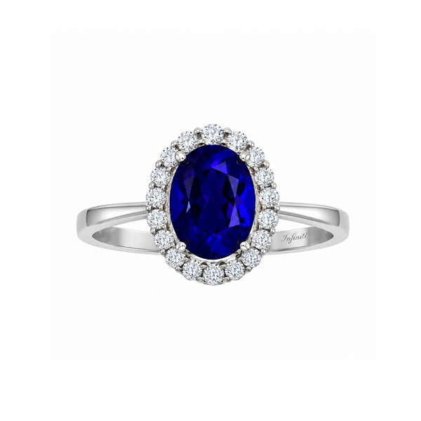 Anillo Oro Blanco 10k - Halo con Zafiro 8x6 mm