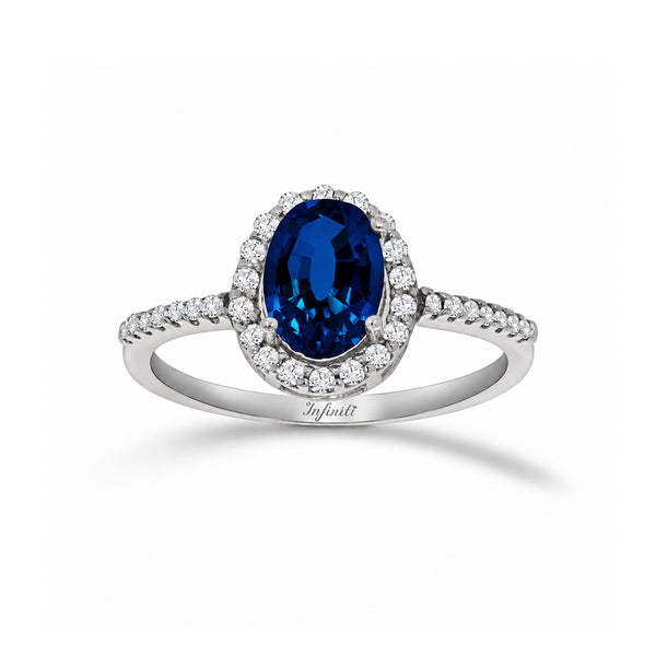 Anillo Oro Blanco 10k - Halo Zafiro con Zirconias