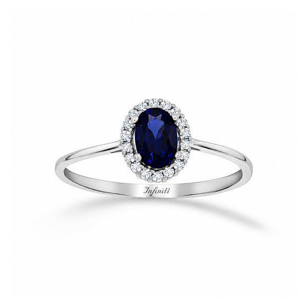 Anillo Oro Blanco 10k - Halo con Zirconias 6 x 4 mm